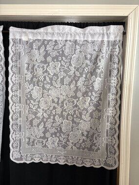 White Floral Lace Curtain Panel 30" W x 36" L Polyester Fabric Sheer Decorative
